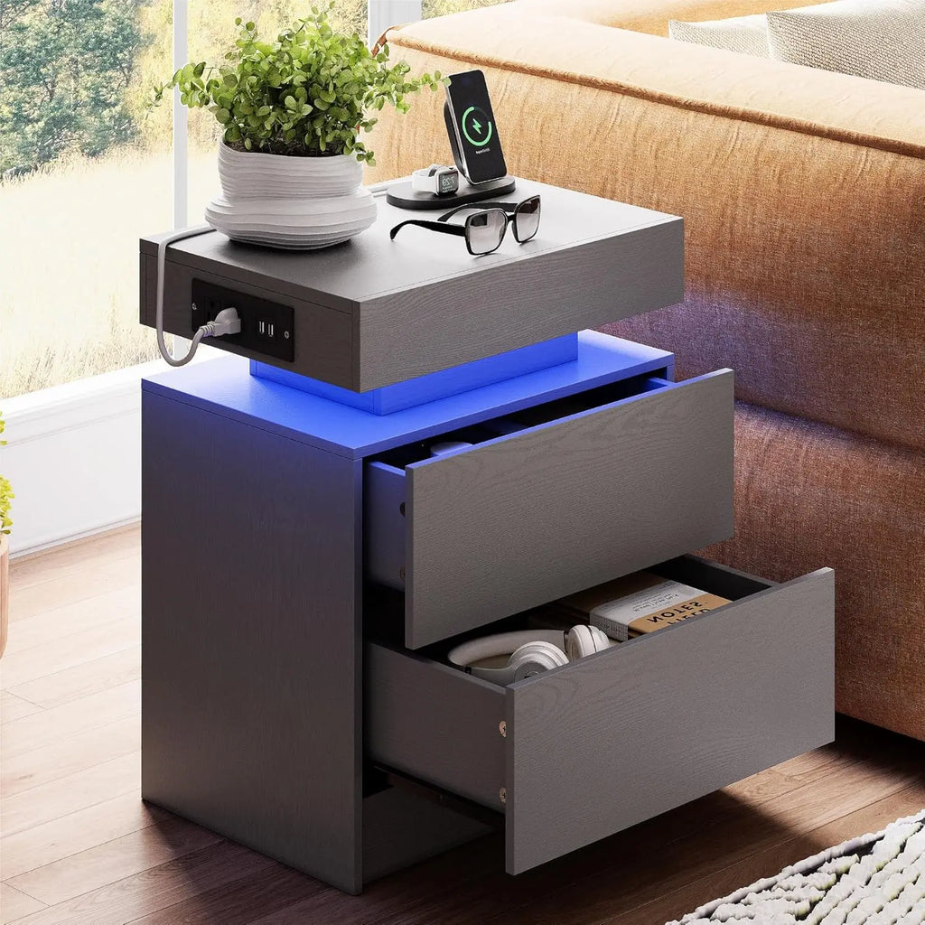 Grey LED Nightstand with Charging Drawers