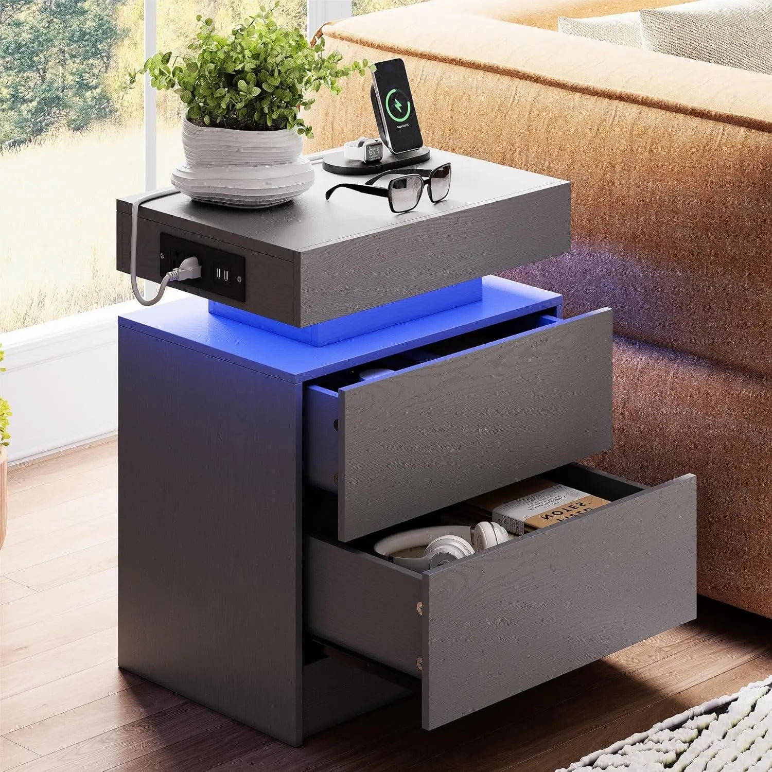 Grey LED Nightstand with Charging Drawers