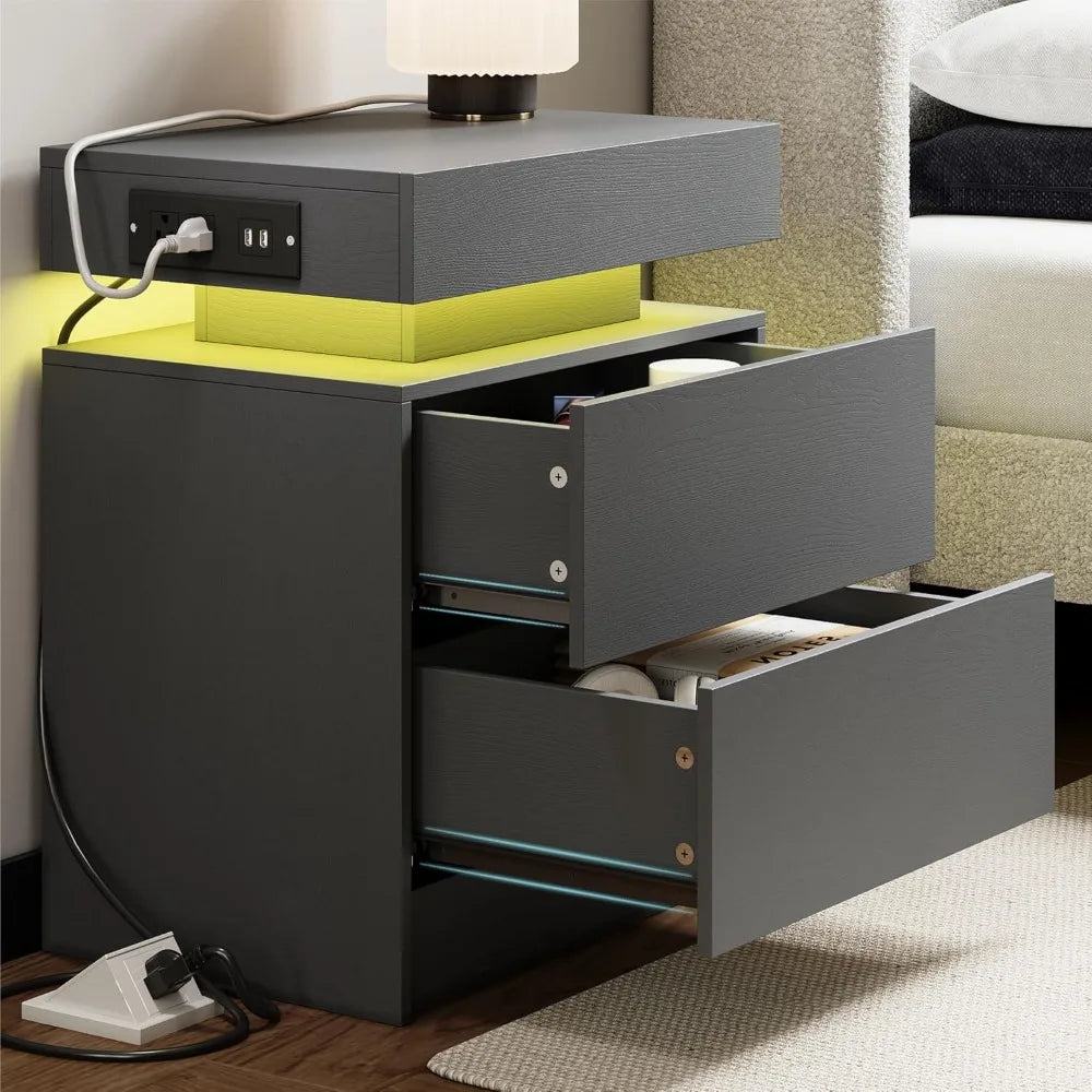 Grey LED Nightstand with Charging Drawers