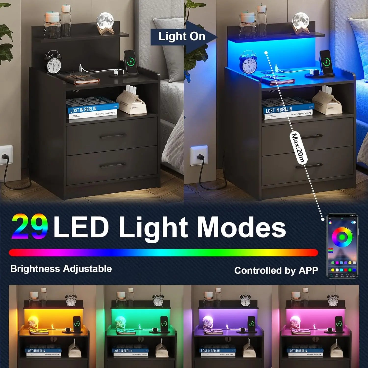 Modern LED Nightstand with Charging Station