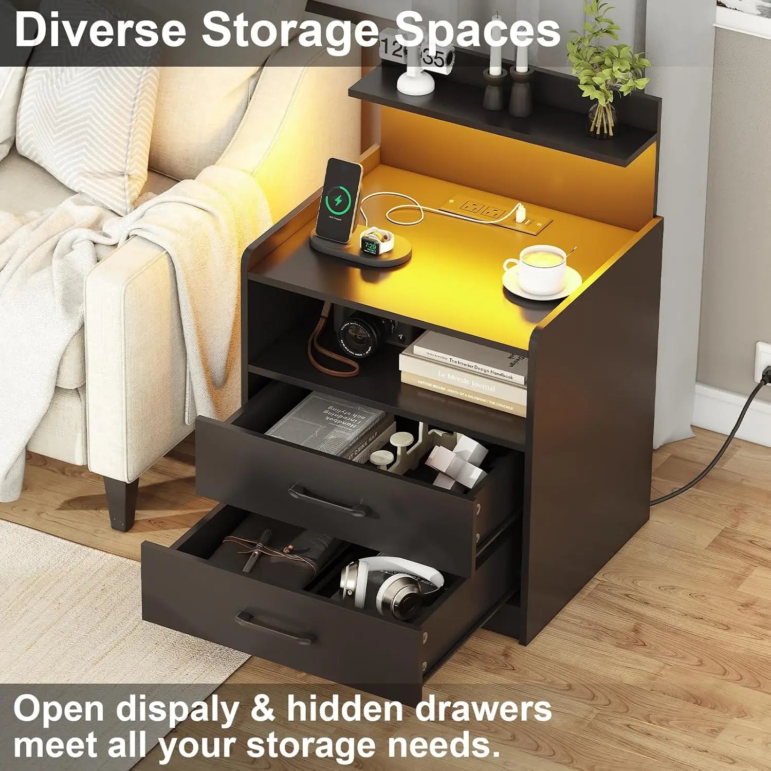 Modern LED Nightstand with Charging Station