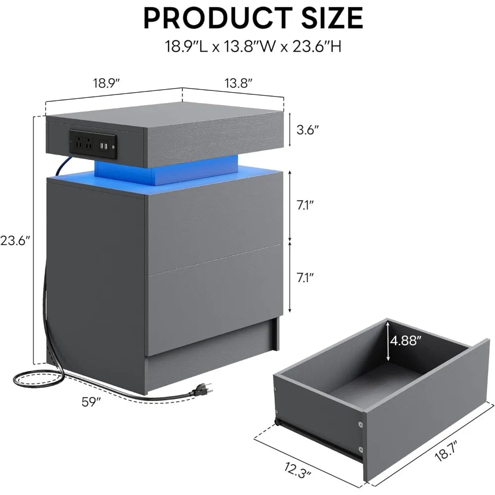 Grey LED Nightstand with Charging Drawers